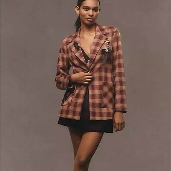 Anthropologie Plaid Embroidered Blazer - Brown & Burgundy - Picture 8 of 8